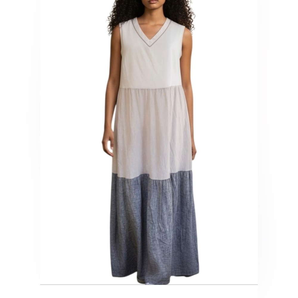 Joie Two-Tone Sleeveless V-Neck Maxi Dress White Gray Blue Linen blend Festival